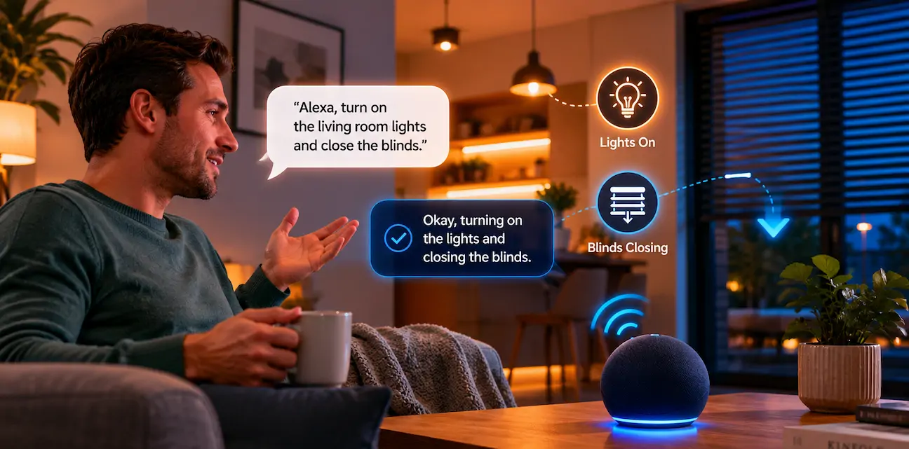 Person using Amazon Echo to control Loxone smart home lights and blinds with voice commands