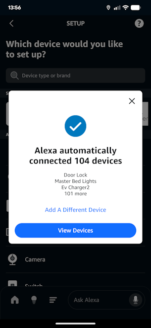 Alexa app showing discovered Loxone devices including ev charger, lights, and more