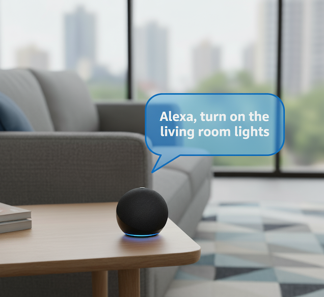 Amazon Echo device with blue light ring active, in a modern living room setting. Turn on the living room lights in speech bubble.
