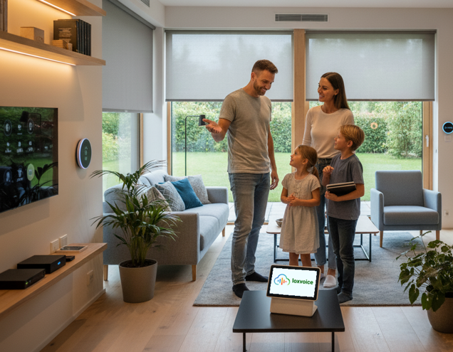 Happy family using voice commands to control lights, blinds, and temperature in their Loxone smart home