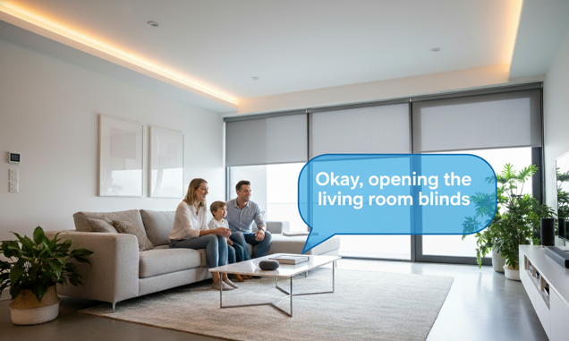 Family using Google mini to control Loxone lights, blinds, and climate in modern living room