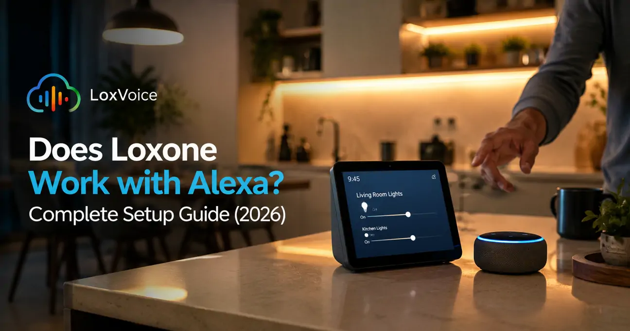 Amazon Echo Dot on a bedside table controlling Loxone smart home lighting and blinds via LoxVoice