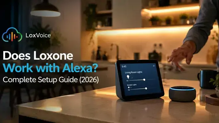 Amazon Echo Dot on a kitchen table controlling Loxone smart home lighting and blinds via LoxVoice