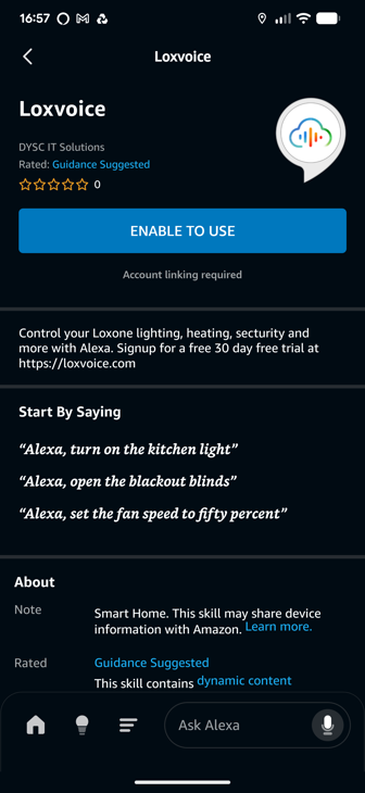 Loxvoice alexa skill page with enable to use button