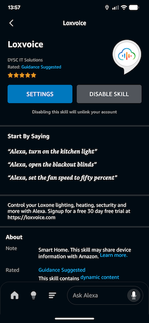 Amazon Alexa app showing the LoxVoice skill page with enable button and 5-star ratings