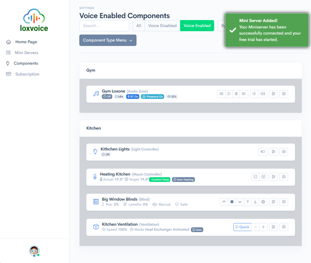 Screenshot of LoxVoice dashboard showing Mini Server Added message and devices below
