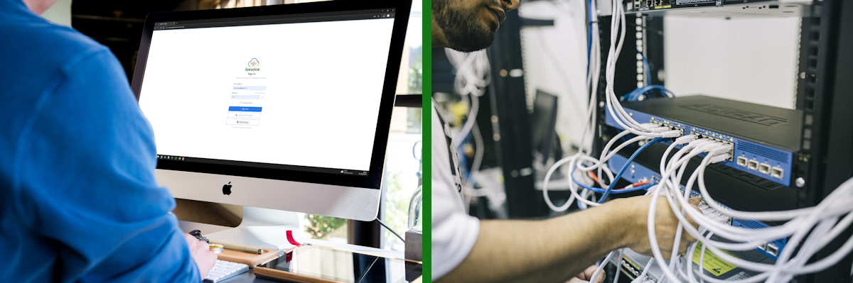 Side-by-side comparison of loxvoice signup on computer vs hardware install with engineer connecting network swtiches